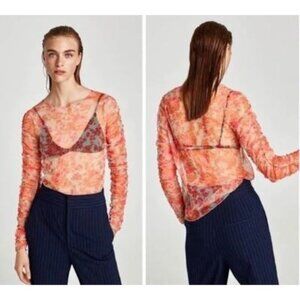 Zara Rose Floral Ruched Sleeve Mesh Top Orange Size Small